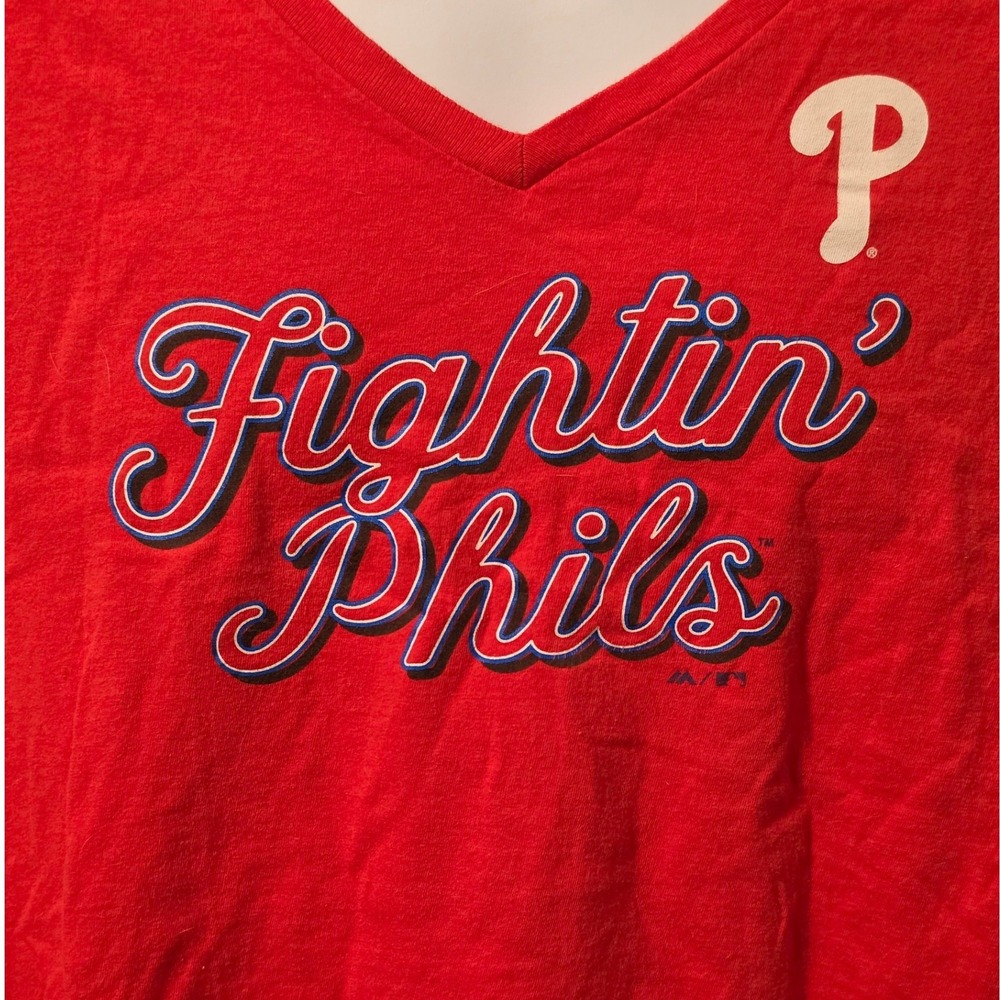 Majestic Philadelphia Phillies Fightin Phils Red V-Neck Graphic Tee Womens 2XL